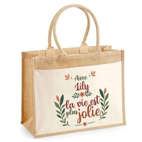 Cabas jute avec poche Lily la vie est plus jolie | Sac de shopping et courses réutilisable Cadeau Fête des Mères Anniversaire Soeur