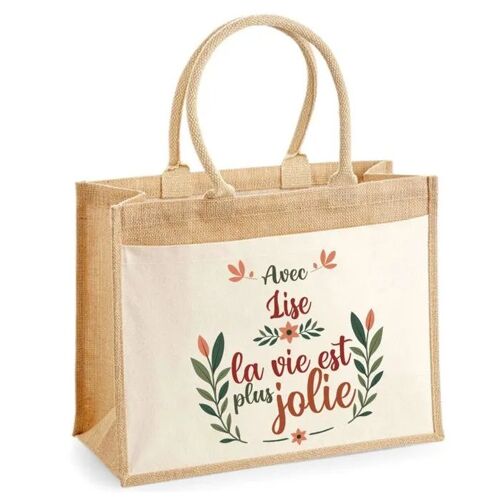Cabas jute avec poche Lise la vie est plus jolie | Sac de shopping et courses réutilisable Cadeau Fête des Mères Anniversaire Soeur