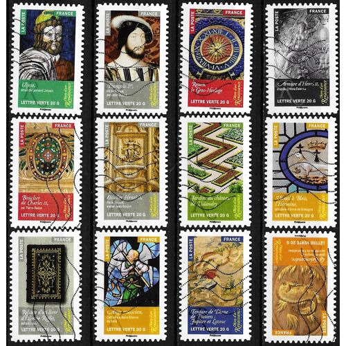 France 2014, Belle Série Complète Objets D'art Renaissance, Timbres Autoadhésifs Yvert 1011 À 1022, Armure D'henri 2, Portraits D'ulysse Ou De François 1er... Oblitérés, Tbe