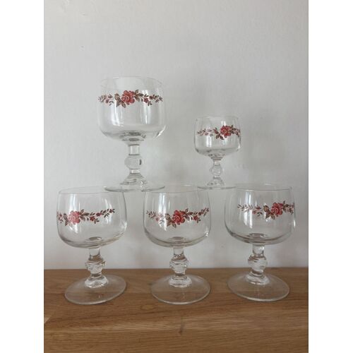 Vintage Lot De 4 Verres À Pied Et Un Verre À Liqueur Luminarc Fleurs 