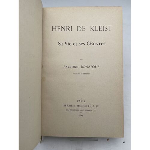 Henri De Kleist Sa Vie Et Ses Oeuvres