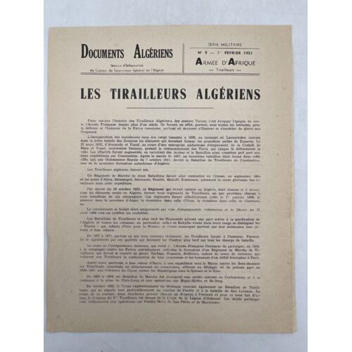 Documents Algériens. N°9 De Février 1951. Les Tirailleurs Algériens