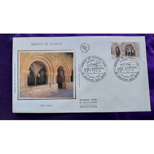 Enveloppe Premier Jour Abbaye De Flaran Xiie Siècle 32 Valence Sur Baise 21 Avril 1990 Illustration Soie Timbre 3.80 Fr 9.2 X 16.4 Cm