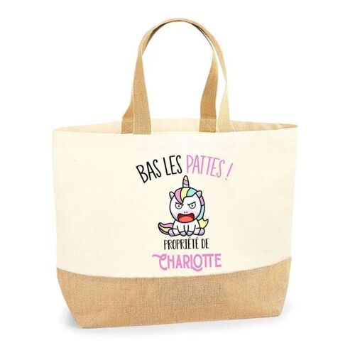 Planetee Sac jute Charlotte Bas les pattes Licorne - Cabas de Plage Fête des mères Courses Coton et Toile de Jute Idée Cadeau