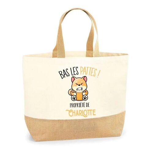 Planetee Sac jute Charlotte Bas les pattes Chien Shiba - Cabas de Plage Fête des mères Courses Coton et Toile de Jute Idée Cadeau
