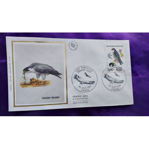 Enveloppe Premier Jour Faucon Pèlerin Paris 22 Sept 1984 Illustration Soie Timbre 5.00 Fr 9.2 X 16.4 Cm