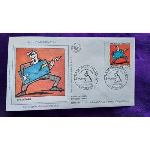 Enveloppe Premier Jour La Communication Par La Bande Dessinée Française Bretecher 16 Angoulême 29 Janvier 1988 Illustration Soie Timbre 2.20 Fr 9.2 X 16.4 Cm