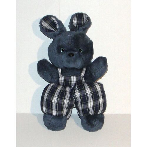 Doudou Lapin Bleu Marine salopette A Carreaux Peluche vintage Nounours