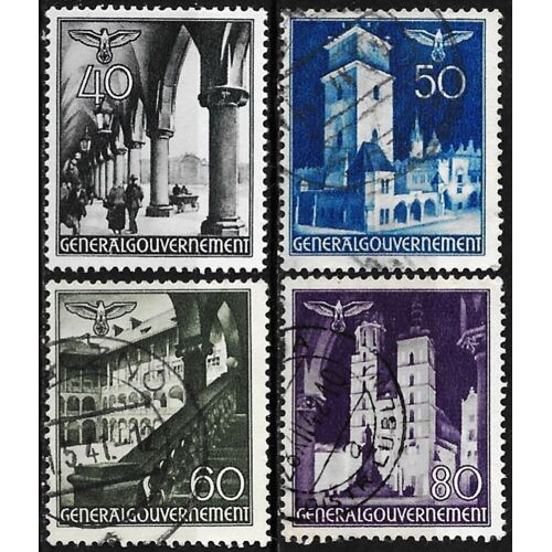 Pologne 1940 / 1941, Occupation Allemande, General Gouvernement, Beaux Timbres Yvert 63 64 65 66, Marché Aux Draps Et Tour De L'hôtel De Ville, Cour Du Château Et Église Notre Dame À Cracovie.