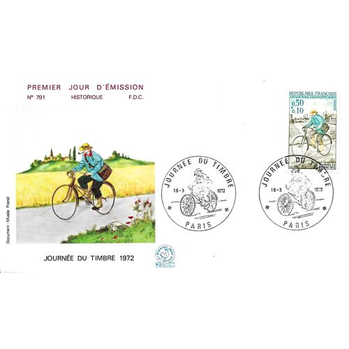 France 1972, Très Belle Enveloppe 1er Jour, Timbre 1710, Journée Du Timbre, Facteur Rural À Bicyclette En 1894, État Neuf.