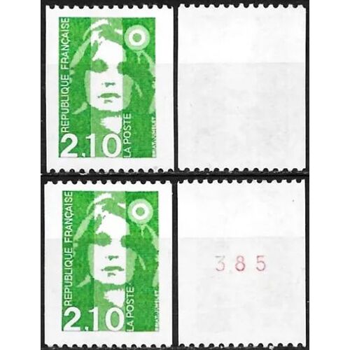 France 1990, Très Beaux Timbres Neufs** Luxe Yvert 2627 Et 2627a, Marianne De Briat, Ou Du Bicentenaire, 2.10f Vert, Pour Roulette, Avec Et Sans N° Rouge Au Dos.