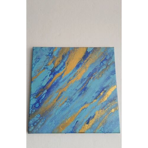 Tableau abstrait bleu et or, art contemporain, fait main sur toile - Rivière d’Or