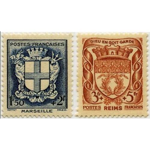 France 1941, Beaux Timbres Neufs* - Sans Gomme Yvert 532 Et 535, Armoiries De Marseille Et Reims, Surtaxe Au Profit De L'Entraide Française.