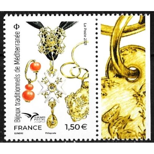 France 2021, Très Beau Timbre Neuf** Luxe Yvert 5511 Euromed Postal, Bijoux Traditionnels De Méditerranée, Bord De Feuille Avec Vignette Décorative.