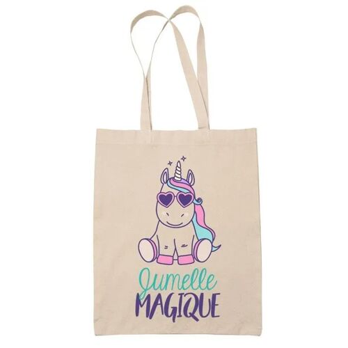 Tote bag Beige Jumelle Magique Licorne | Sac coton cabas réutilisable cadeau femme amie famille collègue