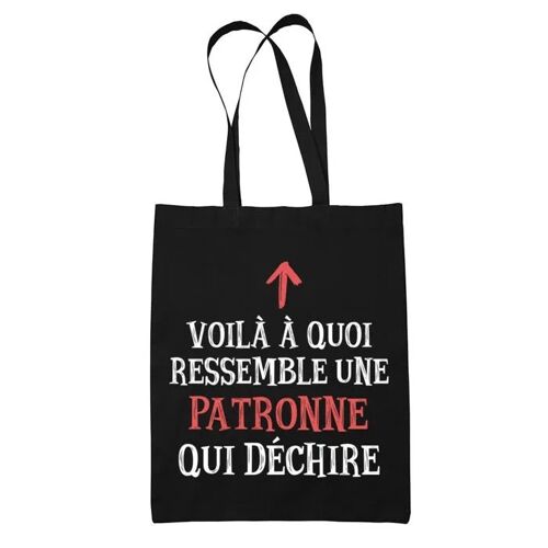 Tote bag Noir Patronne qui Déchire | Sac coton cabas Idée Cadeau Femme Humour Collègue famille Anniversaire Noël