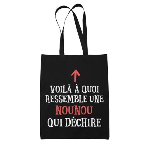 Tote bag Noir Nounou qui Déchire | Sac coton cabas Idée Cadeau Femme Humour Collègue famille Anniversaire Noël