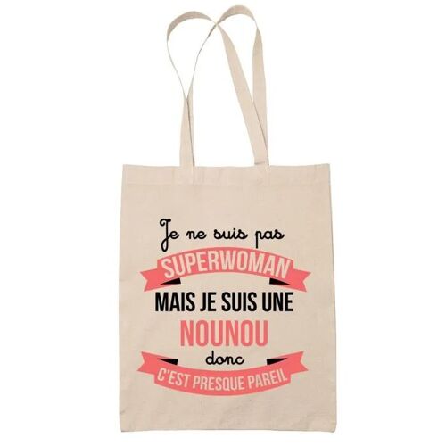 Tote bag Nounou Superwoman | Sac coton cabas Idée Cadeau Femme Humour Collègue famille Anniversaire Noël