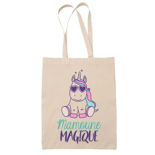 Tote bag Beige Mamoune Magique Licorne | Sac coton cabas réutilisable cadeau femme amie famille collègue