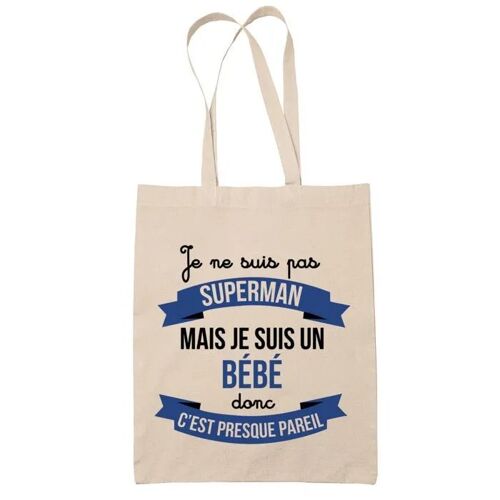 Tote bag Bébé Superhéros | Sac coton cabas Idée Cadeau Homme Humour Collègue famille Anniversaire Noël, Beige