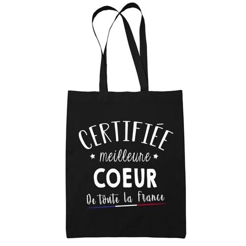 Tote bag Noir Certifiée meilleure Coeur | Sac coton cabas réutilisable cadeau femme amie famille collègue