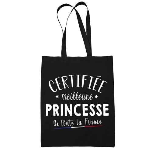 Tote bag Noir Certifiée meilleure Princesse | Sac coton cabas réutilisable cadeau femme amie famille collègue
