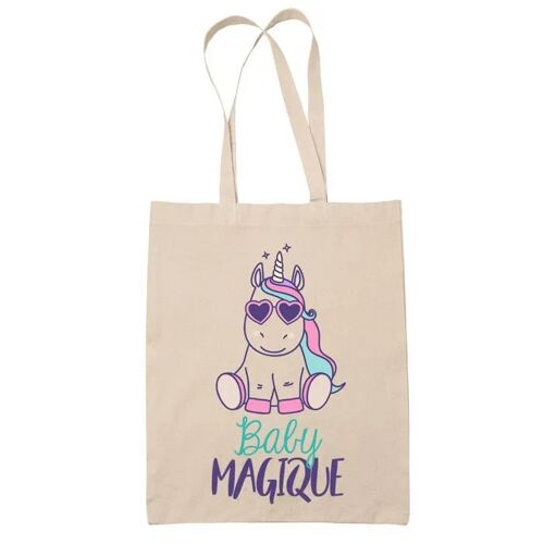 Tote bag Beige Baby Magique Licorne | Sac coton cabas réutilisable cadeau femme amie famille collègue