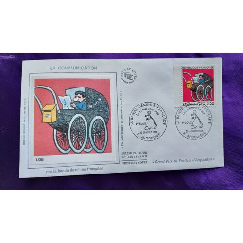 Enveloppe Premier Jour La Communication Par La Bande Dessinée Française Lob Angoulême 29 Janvier 1988 Illustration Soie Timbre 2.20 Fr 9.2 X 16.4 Cm