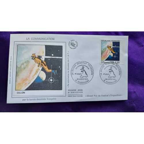 Enveloppe Premier Jour La Communication Bande Dessinée Gillon Angoulême 29 Janvier 1988 Illustration Soie Timbre 2.20 Fr 9.2 X 16.4 Cm