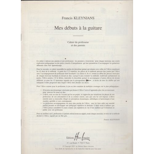 Francis Kleynjans Mes Débuts À La Guitare Cahier Du Professeur Et Des Parents