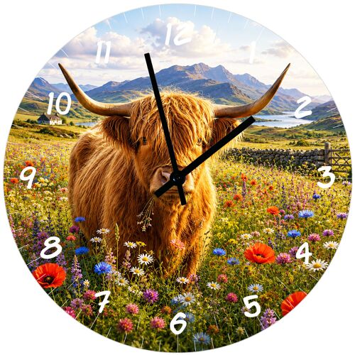 Horloge murale Vache Highland en verre 29 cm décoration nature