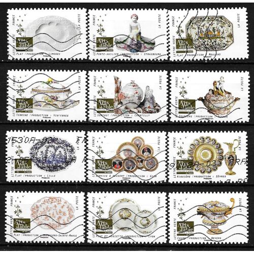 France 2018, Belle Série 12 Timbres Yvert 1528 À 1539, Les Arts De La Table, Porcelaine Et Faïence En France, Oblitérés, Tbe.
