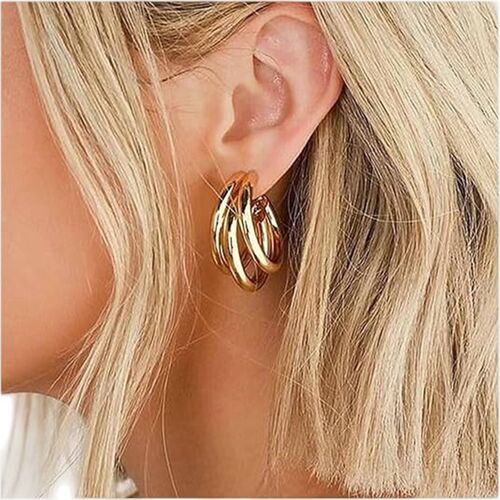 Boucles D'Oreilles En Métal – 3 Cercles Superposés En Forme De C, Design Élégant &amp; Tendance, Bijou Original Pour Femme, Style Audacieux