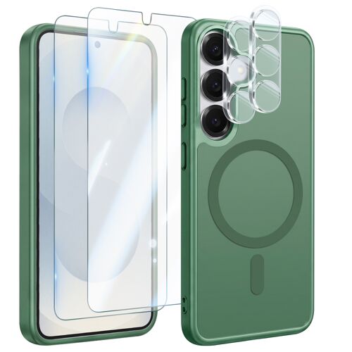 Coque MagSafe pour Galaxy S25 avec 2 Verres Trempés et 2 Films Protection Caméra Vert foncé