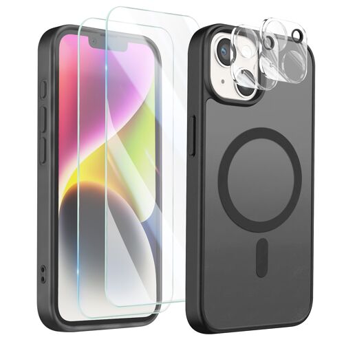 Pack Coque MagSafe pour iPhone 14 avec 2 Verres Trempés et 2 Protection Caméra Noir