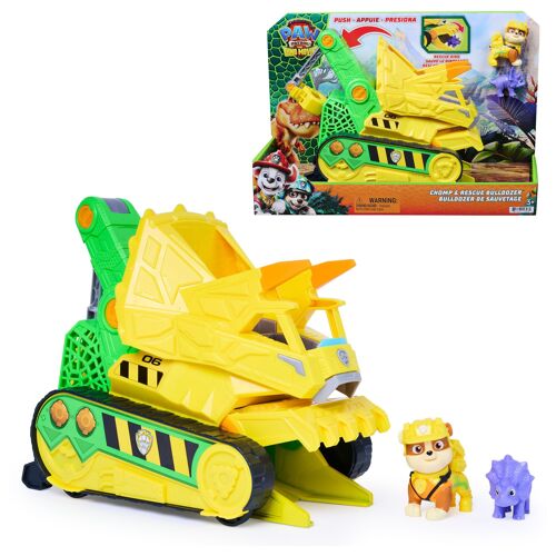 PAW Patrol : The Dino Movie, Bulldozer de sauvetage avec figurine Rubble et figurine dinosaure, véhicule avec pelle qui s'ouvre et se ferme et pince de sauvetage, jouets pour enfant d'âge préscolaire, pour garçons et filles à partir de 3 ans