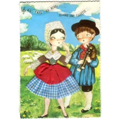 Carte Postale - Brodée + Tissu - " Au Pays Du Berri... Quand Une Fillette ... "
