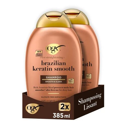 Lot De 2 Ogx Shampooing Kératine Lissage Brésilien, 385ml ¿ Soin Capillaire Lissant À La Kératine Pour Des Cheveux Brillants 