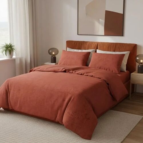 Housse De Couette Rouge Brique En Coton Renforcé 100% Pour Lit King 240x220 Cm + 2 Taies 60x60 Cm