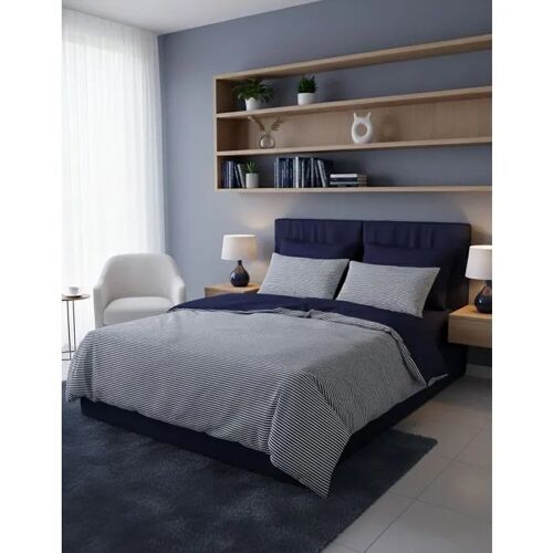 Housse De Couette 140 X 200 Cm Avec Taie 60 X 60 Cm Rayures Bleu Foncé En Coton Renforcé