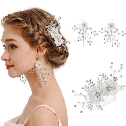 Set De Peigne À Cheveux Et Boucles D'Oreilles Fleur – Design Doux Et Romantique, Fait Main Avec Strass Et Perles De Fantaisie, Parfait Pour La Coiffure De Mariée