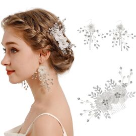 Set De Peigne À Cheveux Et Boucles D'Oreilles Fleur – Design Doux Et Romantique, Fait Main Avec Strass Et Perles De Fantaisie, Parfait Pour La Coiffure De Mariée