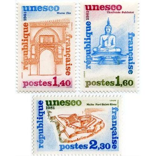France 1981, Très Belle Série Neuve** Luxe Timbres De Service De L'unesco, Patrimoine Mondial, Yvert 68 Fès Au Maroc, 69 Sukhotaï En Thailande Et 70 Fort Saint Elme À Malte.
