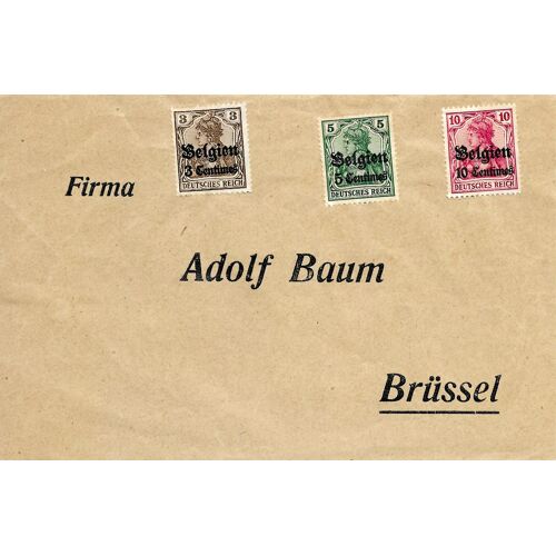 Allemagne, Occupation De La Belgique, 1914, Belle Enveloppe Affranchie Par 3 Timbres Germania De 1905 Surchargés "Belgium" Et Valeurs En Centimes, Yvert 1, 2 Et 3, Tbe