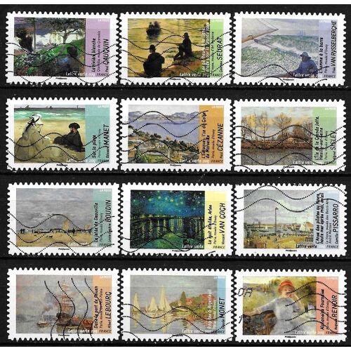 France 2013, Belle Série Complète "L'impressionnisme Et L'eau", Timbres Yvert 825 À 836, Sisley, Lebourg, Vangogh, Manet, Lebourg... Oblitérés, Tbe.