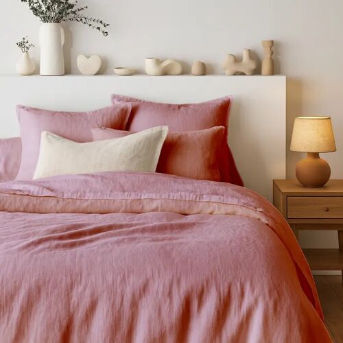 Tendance Perso - Parure De Couette 100% Pur Lin Couleur Vieux Rose - Housse De Couette 260x240 Cm Et 2 Taies 63x63 Carrées, Lin