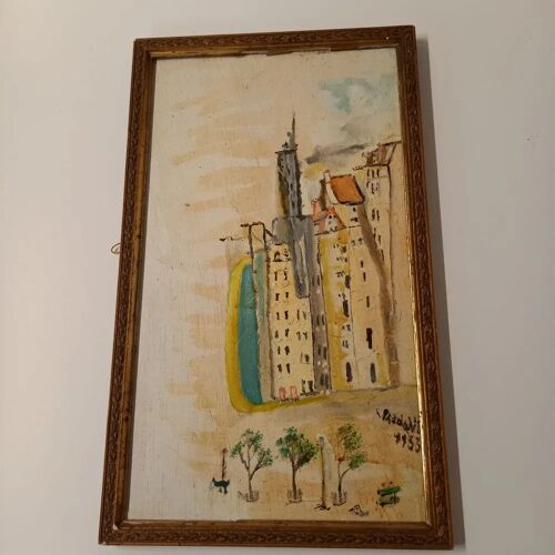 Huile Sur Bois Signé Padovani, 1953, Avec Son Cadre D'Époque