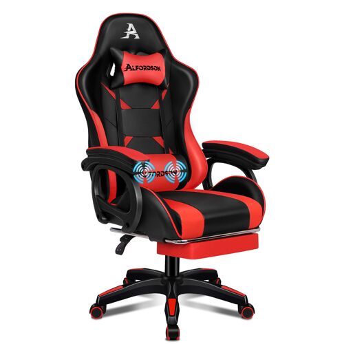 ALFORDSON Chaise de Gamer de Massage, Chaise de Bureau pour Ordinateur avec Repose-Pieds, Chaise de Massage 2 Points, Cuir PU, Rouge
