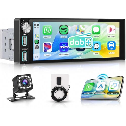 Rimoody Dab+/Dab Autoradio 1 Din Avec Sans Fil Carplay Android Auto Bluetooth 5.2 Fm/Am, 6.86 Pouces Écran Tactile Radio Mirror Link Dab Adaptateur/Eq/Usb/Type C Commande Au Volant Caméra De Recul