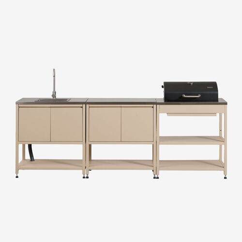 Cuisine Modulaire D'extérieur 3 Pièces Avec Évier, Rangement Et Barbecue Au Charbon En Acier Savona Tapioca Beige